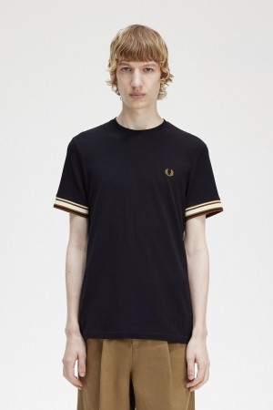 Black Fred Perry Bold Tipped Piqué Men's T Shirts | SGIIZ96453