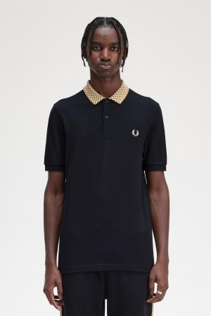 Black Fred Perry Chequerboard Collar Polo Shirt Men's Polo Shirts | SGDFL58434