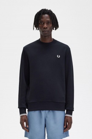 Black Fred Perry Crew Neck Sweatshirt Men's Tracksuits | ASGDF48591