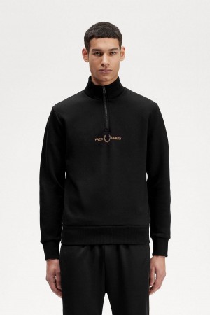 Black Fred Perry Double Graphic Half Zip Men's Sweatshirts | USGND25956