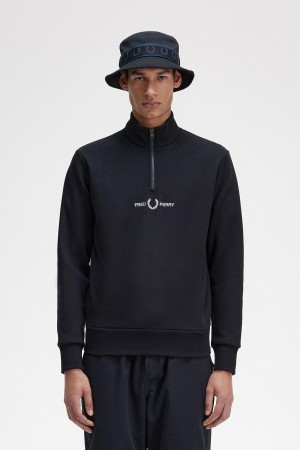 Black Fred Perry Embroidered Half Zip Men's Sweatshirts | SGQAV61545