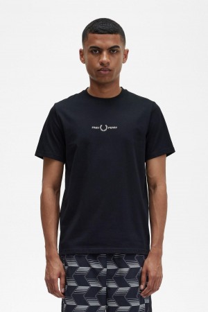 Black Fred Perry Embroidered Men's T Shirts | ZSGMJ81453