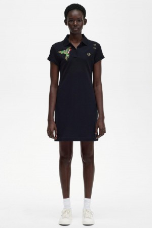 Black Fred Perry Embroidered Piqué Women's Dress | SGJZR20637