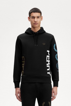 Black Fred Perry Graphic Branding Hooded Sweatshirt Men's Tracksuits | SGDYB67996