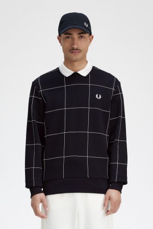 Black Fred Perry Grid Detail Men's Sweatshirts | SGEAH15633