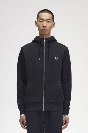 Black Fred Perry Hooded Zip Through Men's Sweatshirts | YSGVQ28730