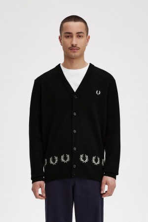 Black Fred Perry Laurel Wreath Trim Cardigan Men's Knitwear | SGICD66855