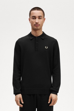 Black Fred Perry Long Sleeve Knitted Shirt Men's Knitwear | FSGUI52754