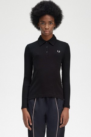 Black Fred Perry Long Sleeve Ribbed Women's Polo Shirts | SGCIF75796