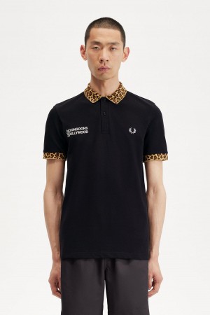 Black Fred Perry Noongoons Leopard Print Polo Shirt Men's Polo Shirts | GSGUC85659