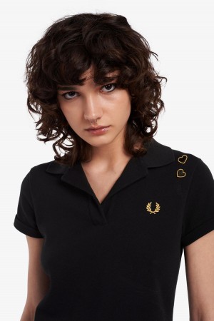 Black Fred Perry Open-Collar Piqué Women's Polo Shirts | GSGUC61392