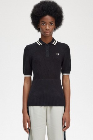 Black Fred Perry Open-Knitted Shirt Women's Knitwear | PSGER42972