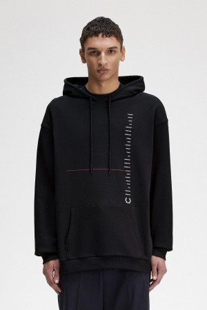 Black Fred Perry Printed Hooded Men's Sweatshirts | SGXBR95016