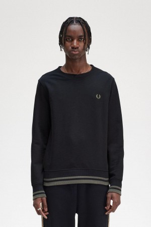 Black Fred Perry Rib Detail Men's Sweatshirts | SGJBT14156