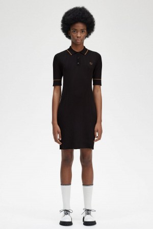 Black Fred Perry Ribbed Knitted Shirt Women's Dress | QSGWA54166