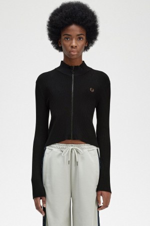 Black Fred Perry Ribbed Zip Through Jumper Women's Knitwear | SGICD25178