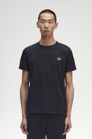 Black Fred Perry Ringer Men's T Shirts | SGNEJ47796