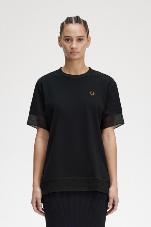 Black Fred Perry Sheer Trim Piqué Women's T Shirts | ASGWC50405