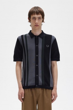 Black Fred Perry Striped Knitted Shirt Men's Knitwear | DSGKV49544