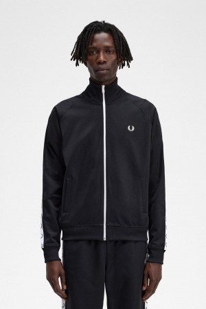 Black Fred Perry Taped Men's Track Jackets | SGXBR68187