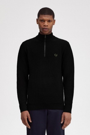 Black Fred Perry Textured Half Zip Jumper Men's Knitwear | SGZDE55738