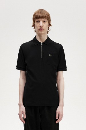 Black Fred Perry Textured Zip Neck Polo Shirt Men's Polo Shirts | MSGHR41925