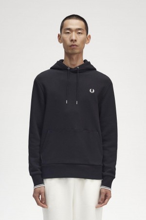 Black Fred Perry Tipped Hooded Men's Sweatshirts | PSGER22215