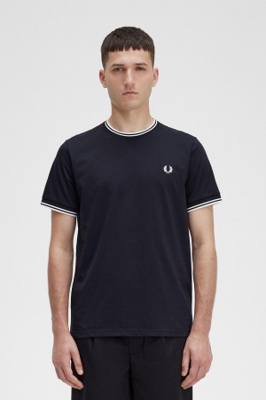 Black Fred Perry Twin Tipped Men's T Shirts | SGIIZ56680