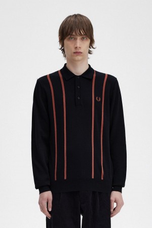 Black Fred Perry Vertical Stripe Knitted Shirt Men's Knitwear | QSGWA36081