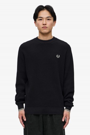 Black Fred Perry Waffle Stitch Jumper Men's Knitwear | SGXMI34814