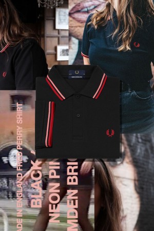 Black / Coral Heat / Camden Brick Fred Perry M12 Men's Fred Perry Shirt | GSGUC12335