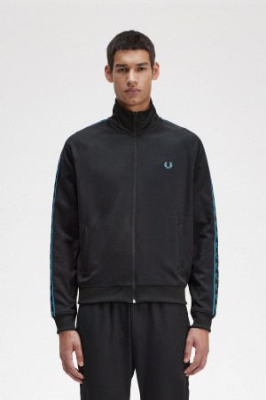 Black / Cyber Blue Fred Perry Contrast Tape Men's Track Jackets | FSGUI27209