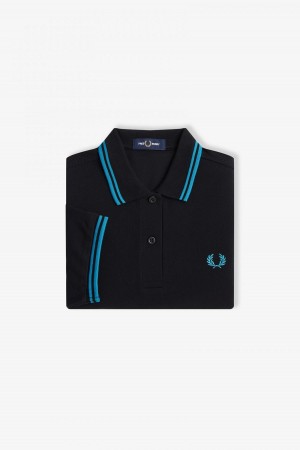 Black / Cyber Blue / Cyber Blue Fred Perry G3600 Women's Fred Perry Shirt | YSGVQ97950