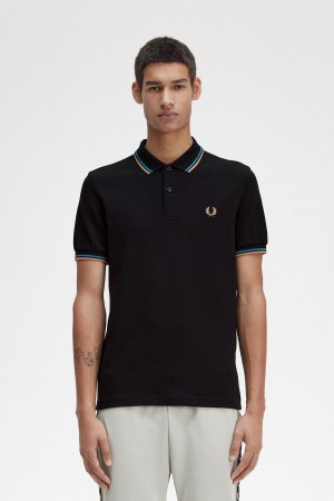 Black / Cyber Blue / Light Rust Fred Perry M3600 Men's Polo Shirts | ASGWC67943