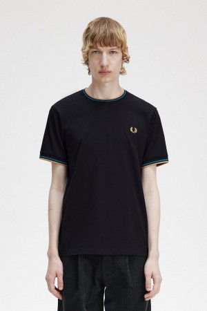 Black / Cyber Blue / Light Rust Fred Perry Twin Tipped Men's T Shirts | XSGGW49659