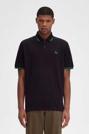 Black / Fred Perry Green / Fred Perry Green Fred Perry M12 Men's Polo Shirts | SGQCS74204