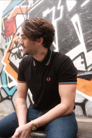 Black / Hamburg Sky Blue / Orange Spray Paint Fred Perry M12 Men's Polo Shirts | SGNEJ53655