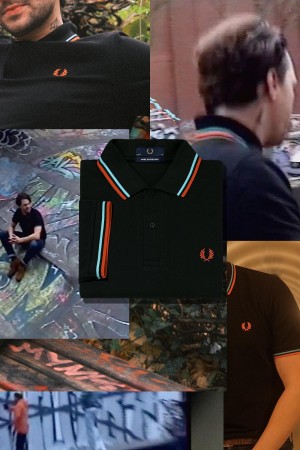 Black / Hamburg Sky Blue / Orange Spray Paint Fred Perry M12 Men's Fred Perry Shirt | SGEAH93243