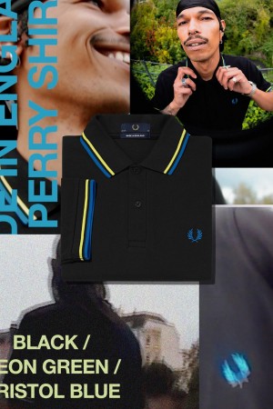 Black / Neon Green / Bristol Blue Fred Perry M12 Men's Fred Perry Shirt | TSGWZ30145