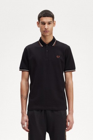 Black / Oatmeal / Whisky Brown Fred Perry M12 Men's Polo Shirts | FSGHY74598