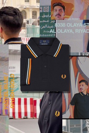 Black / Pastel Blue / Riyadh Gold Fred Perry M12 Men's Polo Shirts | SGJKU38608