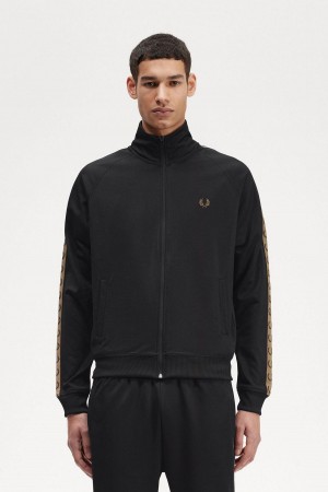 Black / Shaded Stone Fred Perry Contrast Tape Men's Track Jackets | GSGEC17800