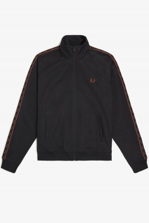 Black / Whisky Brown Fred Perry Contrast Tape Men's Track Jackets | SGZDE70749