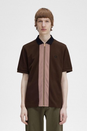 Burnt Tobacco Fred Perry Zip Through Polo Shirt Men's Polo Shirts | YSGVQ19877