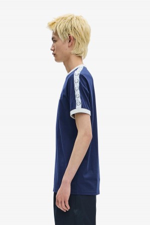 Carbon Blue Fred Perry Taped Ringer Men's T Shirts | BSGSO16392