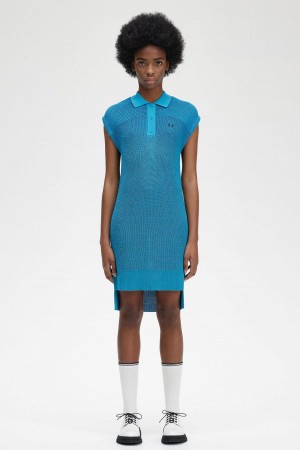 Cyber Blue Fred Perry Knitted Shirt Women's Dress | SGXBR19682