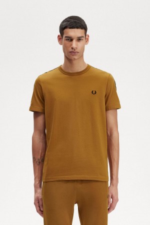 Dark Caramel / Shaded Stone Fred Perry Contrast Tape Ringer Men's T Shirts | PSGQX19700