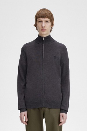 Dark Grey Marl Fred Perry Classic Zip Through Cardigan Men's Knitwear | DSGKV64887