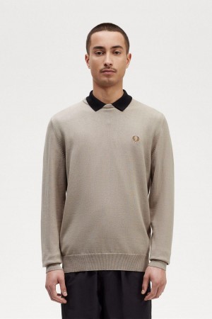 Dark Oatmeal Fred Perry Classic Crew Neck Jumper Men's Knitwear | SGICD36148