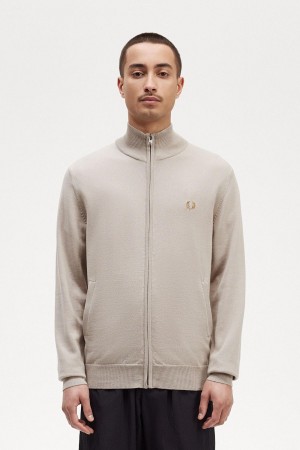 Dark Oatmeal Fred Perry Zip Through Cardigan Men's Knitwear | ZSGNQ76650